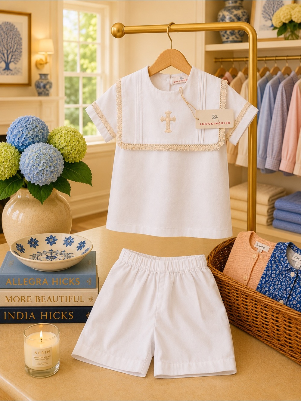 Smockingbird White Boys' Baptism Matching Set with Gold Trim